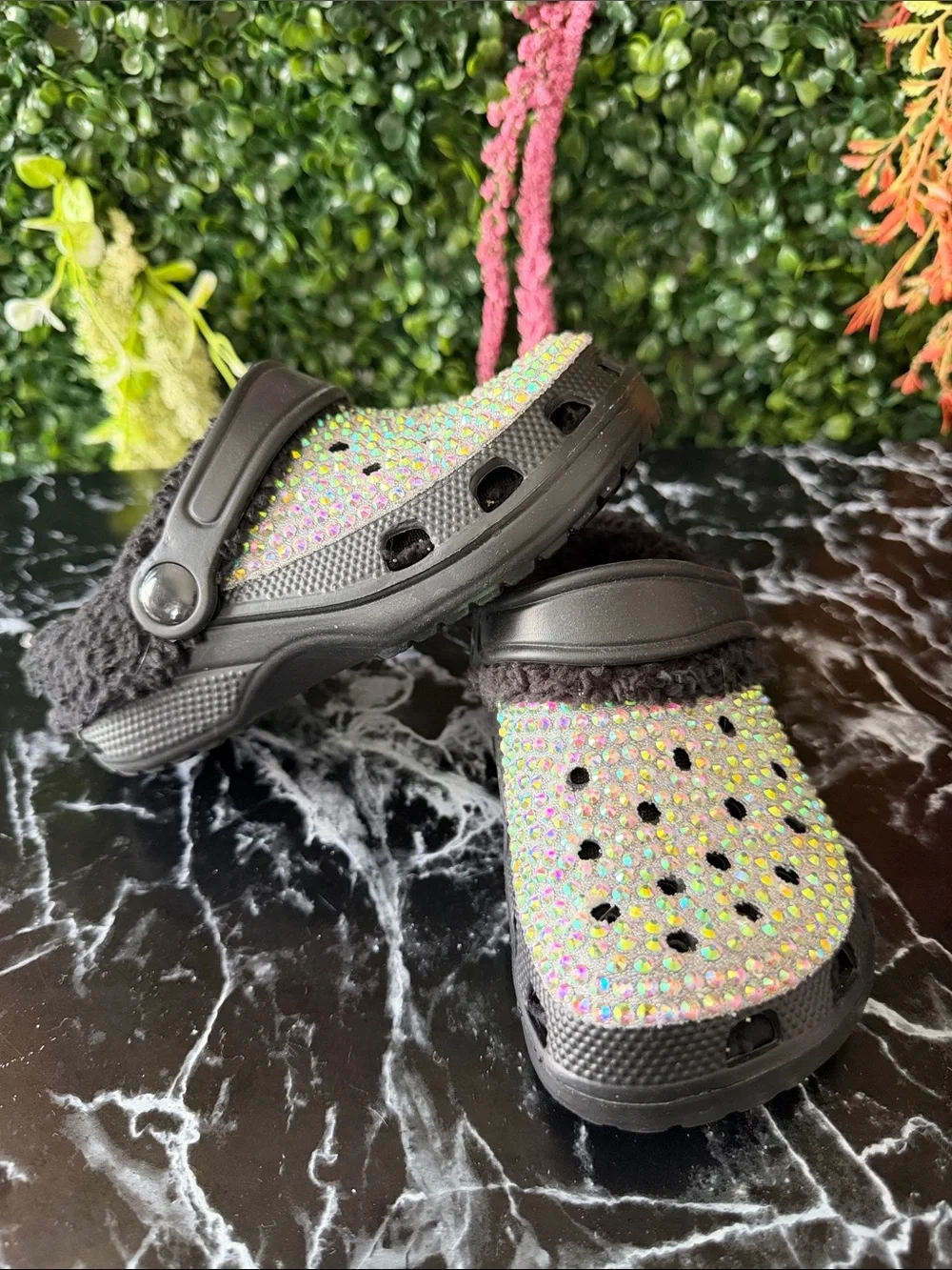 Kids Black Faux-Fur Clog with Iridescent Rhinestones